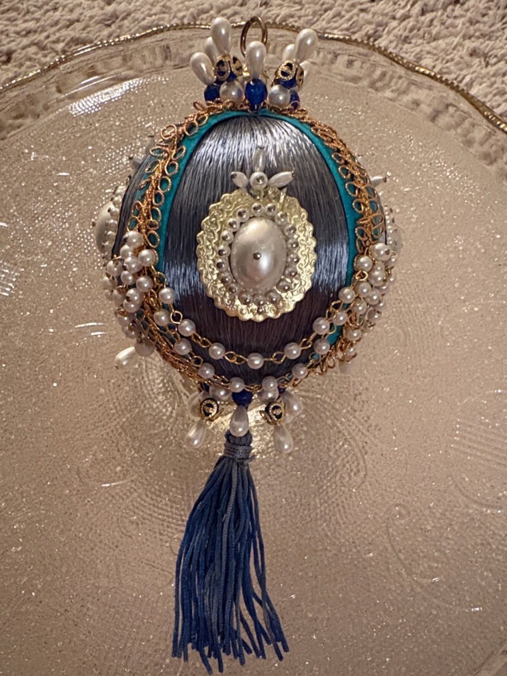 Handcrafted Blue and White Beaded Tassel Push Pin Ornament